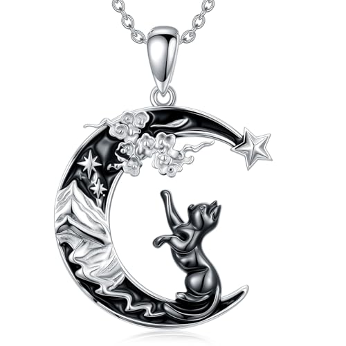 Cat Necklace for Women, Moon Pendant for Her, Gothic Necklace Crescent Jewelry Gifts 18+2 Inch