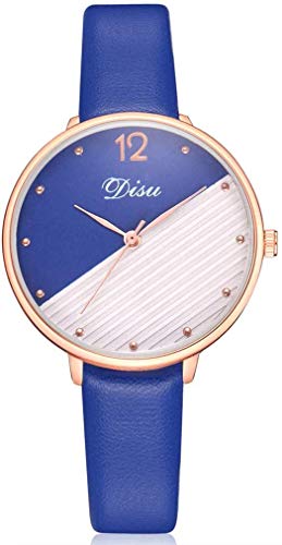 Damenuhr Quarz-Armbanduhr mit rundem Zifferblatt, Kontrastfarbe mit PU-Armband für Elegante Frauen, Blau