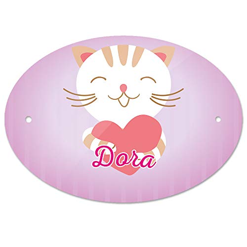 Eurofoto Türschild mit Namen Dora und Motiv Katze mit Herz | Kinderzimmer-Schild