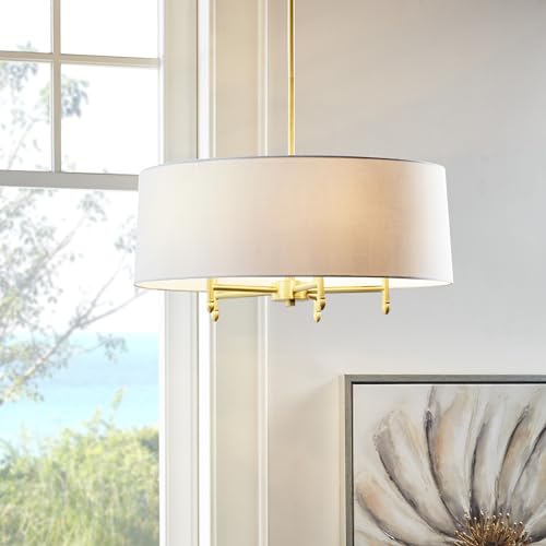 Hampton Hill Presidio 5 Modern Chandeliers-Metal, White Fabric Shade Pendant Light Lamp Ceiling Dining Lighting Fixtures Hanging, 24" Wide, Gold/White - Image 5