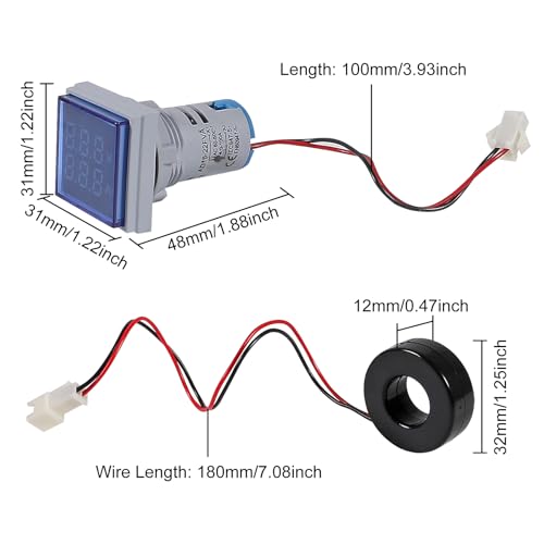 Image of ACEIRMC Blue LED Display Voltmeter, Square Dual Display Voltmeter and Ammeter LED Digital Voltage Gauge AC 60-500V 0-100A Current Meter Indicator (4pcs)
