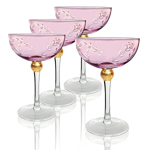 Colored Coupe Art Deco Glasses, Gold | Set Of 4 | 8 Oz Classic Cocktail Glassware For Champagne, Martini, Manhattan, Sidecar, Crystal Speakeasy Style Goblets Stems (Pink) #TOP16