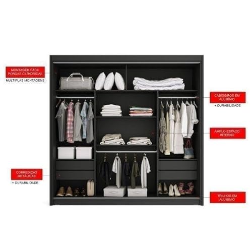 Guarda Roupa Casal Espelhado 3 Portas 1 Porta Espelho 4 Gavetas 188,5cm Viena Yescasa Preto
