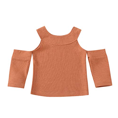 Toddler Kids Little Girl Hairball Knit Sweater Long Sleeves Ribbed Tops Off-Shoulder Solid Color Clothing (Brown, 2-3 Years)