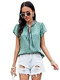 Romwe Women's Chiffon Casual Petal Short Sleeve Bow Tie Blouse Top Shirts Heart Mint Green S
