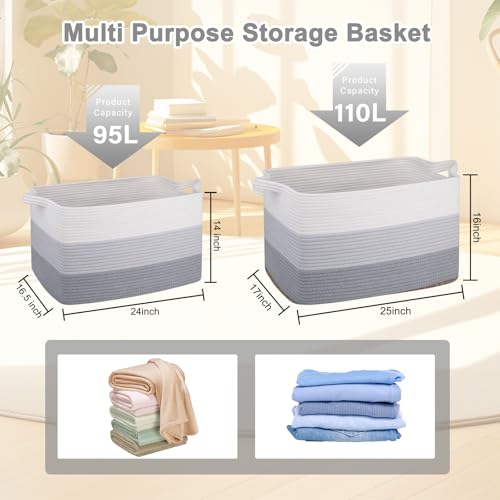 Image of OIAHOMY Extra Large Blanket Basket, 110L Cotton Rope Woven Laundry Basket, Toy Bin for Baby Room, Container for Blanket Storage in Living Room, 24.8''x17.3''x15.8'', Gradient Grey