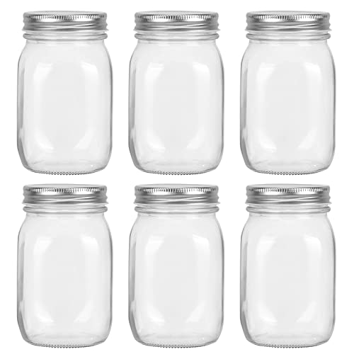 Yishik 6 Pack 16oz Mason Jars with Airtight Screw Lids, 500ml Storage Glass Jars Canning Jar for Fruits,Jams,Drink Favors,Spice,Baby Foods,DIY Candles