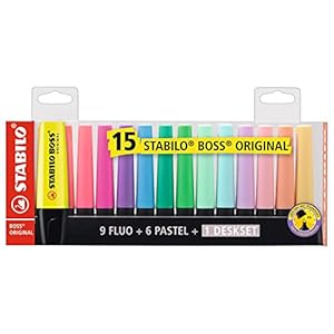 STABILO Tekstmarkeerstift – BOSS ORIGINAL – Desk set met 15 stuks – 9 lichtgevende kleuren, 6 pastelkleuren, meerkleurig