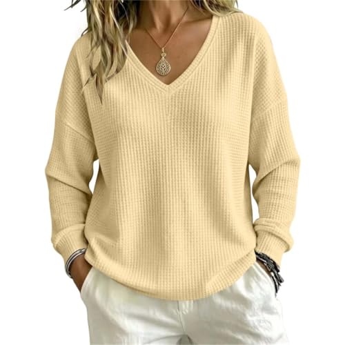 Waffle Knit Tops for Women V Neck Long Sleeve Casual Loose Fit Shirts - image 2