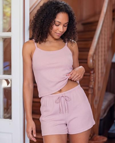 Image of Real Essentials 2 Pack: Women's Ribbed Cropped Cami and Short Set Pajama Sleep Lounge Sleepwear PJ Soft Drawstring Shorts