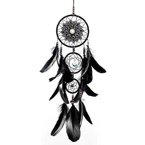 Pretty Jolly Black Gothic Dream Catcher Wall Decor Handmade Woven Feather Macrame Dream Catchers Wall Hanging for Bedroom,Living Room,Wedding Party,Home Decor-Black 3 Rings 22.4" Cover