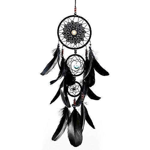 Pretty Jolly Black Gothic Dream Catcher Wall Decor Handmade Woven Feather Macrame Dream Catchers Wall Hanging for Bedroom,Living Room,Wedding Party,Home Decor-Black 3 Rings 22.4"