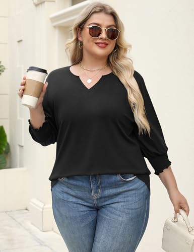 Rapbin Womens Plus Size Tops 3/4 Sleeve Blouses Shirts Casual V Neck Loose Tunic Tops 1X-5X