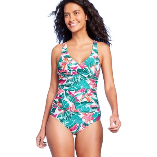 Women's Full Coverage Tummy Control Tropical Print Front Wrap One Piece Swimsuit -