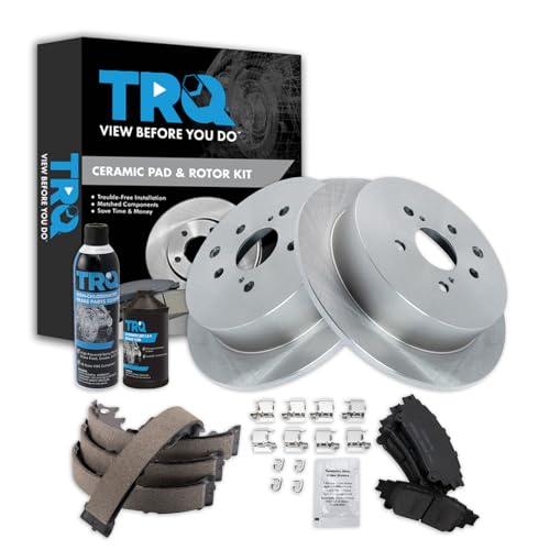 Image of TRQ Rear Brake Pad & Rotor Kit, with Chemical Kit Parking Brake Shoe Set Ceramic Compatible with 2010-2015 Lexus RX350 RX450h 2014-2019 Toyota Highlander 2011-2020 Sienna