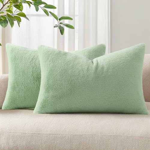 Pallene Faux Fur Plush Lumbar Throw Pillow Covers 12x20 Set of 2, Soft Fluffy Couch Pillow Covers for Living Room, Sage Green