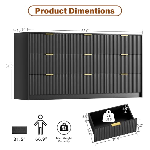 Image of Furniway 3 Piece Bedroom Set, 9 Drawer Dresser and Nightstand Set of 2 with Gold Handles, Modern Wood Chest of Drawers Storage Cabinet for Bedroom, Black