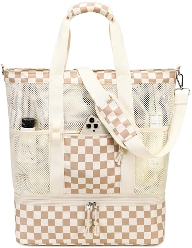 Bluboon Mesh Beach Tote Bag with Cooler Compartment Insulated Detachable Picnic Bag with Zipper and Pocket Pool Bag for Women (A-Brown White Grid)