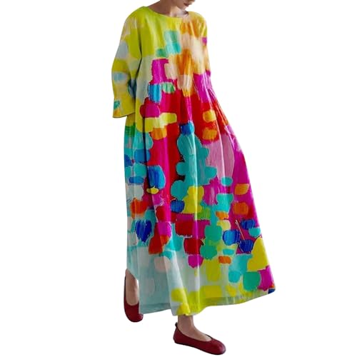 Kleider Maxi Damen Retro-Kleid mit botanischem Blumenmuster, Bedruckt, lässig, locker, mit Schwarzes Sexy Kleid Damen (Yellow, XL)