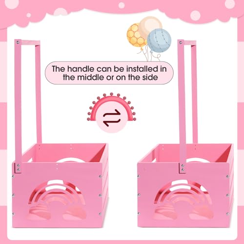 Image of Yerliker Wooden Baby Shower Crate Closet Baby Shower Gifts Basket Storage Crate Hamper with Handle Personalized Basket for Newborn Boys Girls Pregnancy Gifts(Pink,Cloudy, Rainbow)