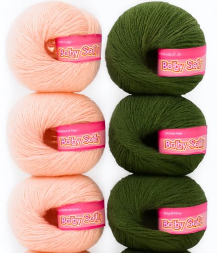 Image of Vardhman BabySoft Knitting Yarn | 100% Acrylic Wool | 4 Ply | Thin Knitting & Crocheting Hook Thread & Lightweight | Special Baby Wool | 150 Grams (6 Balls of 25g) | Machine Washable | Ideal for Blankets, Hats, Booties Ultra-Soft for Baby Sweaters, Blankets, Caps, Socks, Soft toys, Art & craft (Tropical Peach 12 + Pine Green 37)