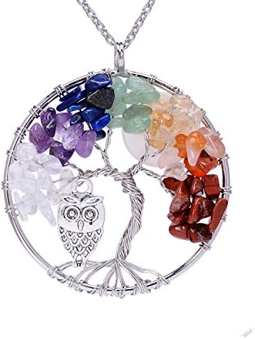 Silver Plated Wire Wrapped Crystal Copper Tree of Life Pendant Necklace for Girls Handmade Healing Chakra Natural Tumbled Semi Precious Stone Pendant Necklace Jewelry