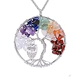 Silver Plated Wire Wrapped Crystal Copper Tree of Life Pendant Necklace for Girls Handmade Healing Chakra Natural Tumbled Semi Precious Stone Cute Owl Full Moon Gemstone Pendant Necklace Jewelry