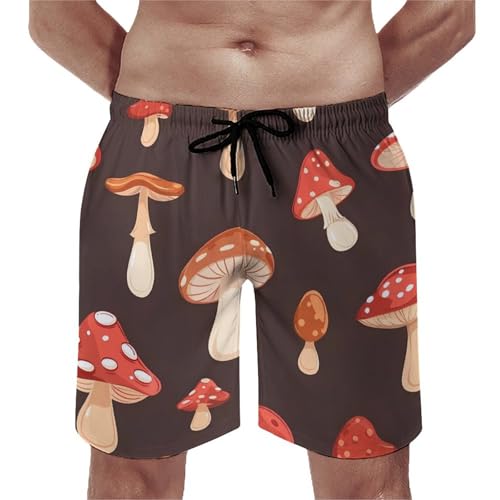 Red Mushrooms Pattern Men's Swim Trunks Board Shorts Beachshorts Swimsuits with Pockets Mesh Liner