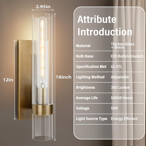 Image of 18 inch Wall Sconces Set of 2, Gold Bathroom Vanity Light Fixtures with Clear Glass Tube, Modern Brass Lamp Lighting for Mirror, Bedroom, Living Room, Hallway, Staircase