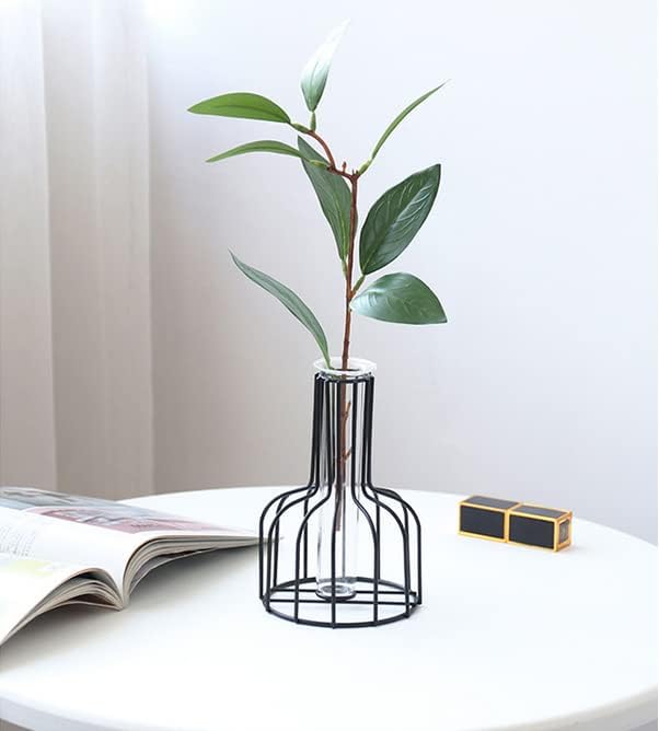 YngFfb Wrought Iron Vase, Black Iron Flower Vase, Geometric Nordic Style Wrought Iron Flower Vase Glass Propagation Station With Metal Frame for Home Office