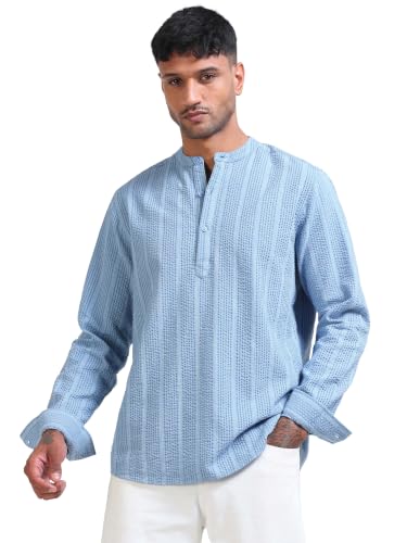 Image of StitchX Men's Seersucker Band Collar Pure Cotton Striped Kurta Shirt-S-2XL