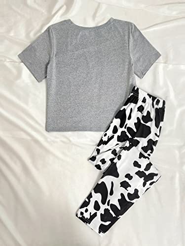 Romwe Women's 2 Piece Short Sleeve Cartoon Pajama Set Shirt And Pants Pj Set Sleepwear Grey Cow Print M #TOP1