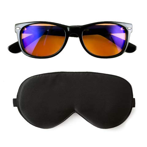 Dream Elements Anti Blue-Light Glasses and Sleep Mask Bundle - Lightweight UV400 Blue Blocking - Kit Includes Foam Ear Plugs & Anti Snoring Nose Clip - for Men & Women - Great for Travel