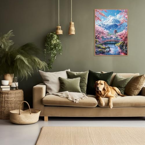 Image of Kaixine Japanese Landscape Stamped Cross Stitch Kits,Mount Fuji Cherry Blossom Trees Cross Stitch Ornament Kits for Adults Beginners, Counted Embroidery Needlepoint Kits Home Decor 12x16 Inch