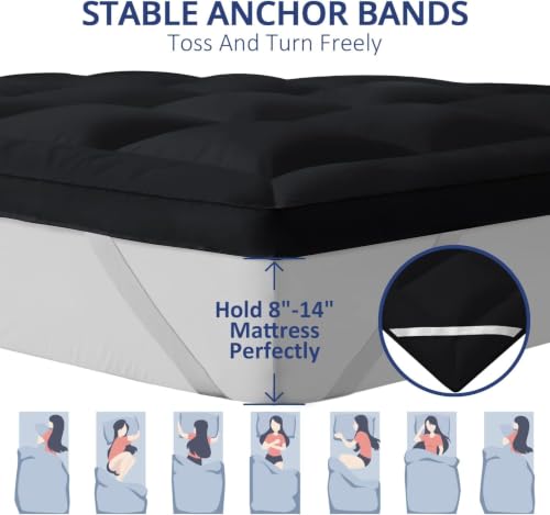 Image of ELEMUSE 1300gsm College Dorm Twin XL Extra Thick Mattress Topper | Overfilled PillowTop with Baffle Box Design, Hand Made 400TC Cotton Pad Cover,Plush Support Snow Down Alternative,Black