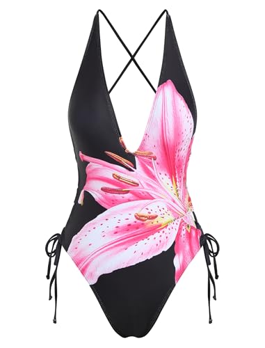 Image of ZAFUL Women Plunging One Piece Swimsuit Backless Cross Tie High Cut Thong One-Piece Bathing Suit