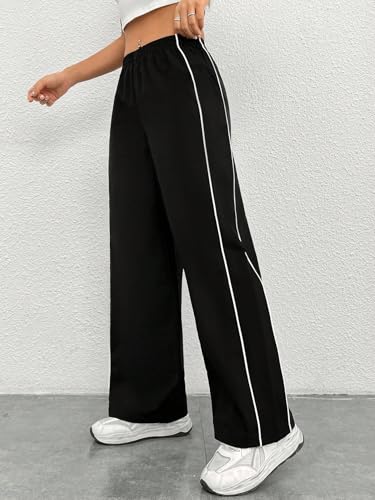 Image of Women Casual Loose Fit Track Pants High Waist Elastic Waistband Straight Wide Leg Trousers with Side Piping, Gym Yoga Running Athletic Sweatpants Comfortable