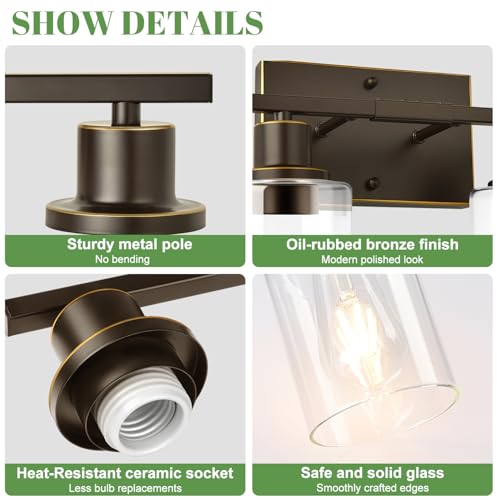 Image of MOKATNG 4-Light Bathroom Light Fixtures, Vanity Light with Clear Glass Shades, Oil-Rubbed Bronze Bathroom Light Fixtures Over Mirror, Modern Bathroom Wall Lamp for Mirror Living Room Cabinet Bedroom
