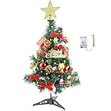 UBERMing Tisch Mini Weihnachtsbaum 60 cm Klein Christbaum Künstlich Geschmückter Künstlicher Weihnachtsbaum mit LED Lichterketten Goldene Wipfelsterne und Weihnachtsschmuck etc.