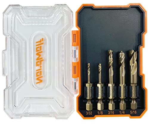 Nordwolf 5-Piece M35 Cobalt Stubby Drill Bit Set For Stainless Steel & Hard Metals, With 1/4" Hex Shank For Quick Chucks & Impact Drivers, Sae Sizes 3/32"-1/8"-3/16"-1/4"-5/16" In Storage Box #TOP1