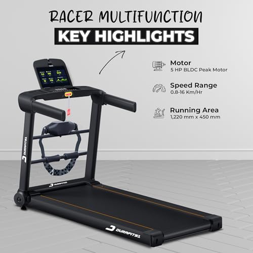 Image of Durafit91 Racer Multifunction 5 HP Peak BLDC Motorized Treadmill| 120 Kg User Weight| 16 Km /Hr Max Speed | Hydraulic Foldable| Bluetooth Speaker | Wynd app | Home use