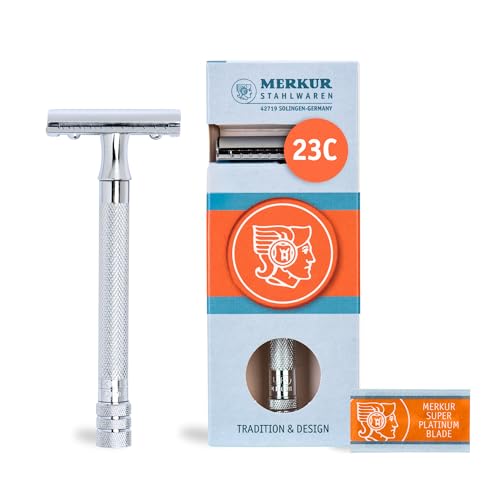 MERKUR 23C Maquinilla de afeitar clásica con mango largo, cromo brillante, corte recto de tres piezas, peine cerrado, ideal para afeitado en húmedo, zinc fundido, mango de latón, fabricado en Alemania