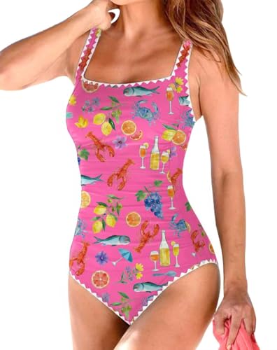 Image of Upopby Women's Vintage Padded Push up One Piece Swimsuits Tummy Control Bathing Suits Plus Size Swimwear