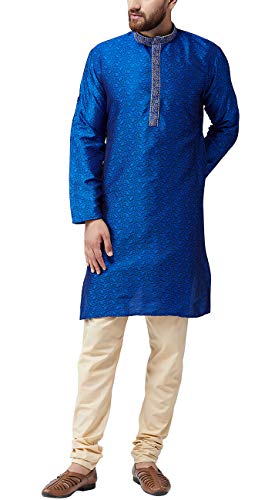 Image of SOJANYA (Since 1958 Mens Maroon Jacquard Silk Kurta and Black Churidaar Pyjama Set