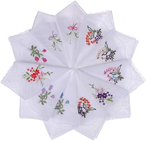 20pcs Women Floral Handkerchiefs Vintage Floral Embroidered Cotton Ladies Handkerchiefs, White