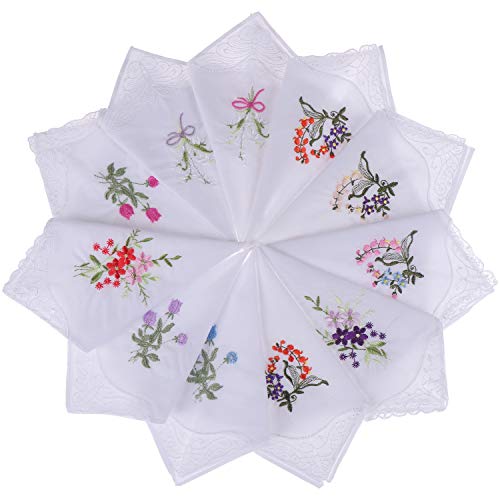20pcs Women Floral Handkerchiefs Vintage Floral Embroidered Cotton Ladies Handkerchiefs, White