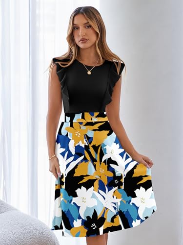 Image of YATHON Women's Vintage Ruffle Sleeve Floral A Line Cocktail Party Dresses
