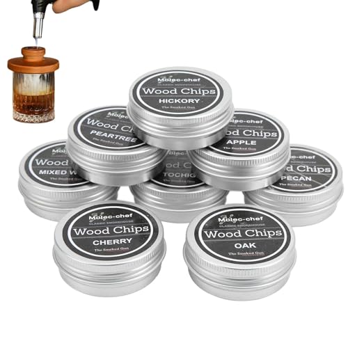 equlup 8 Pièces Copeaux de Bois pour Fumoir à Cocktail, Kit Fumage Bois Cocktails Bois de Pommier Hickory Chêne Hêtre Cerisier Mélange Bois Pêcher Poirier pour Whisky Bourbon Boisson Pistolet fumée
