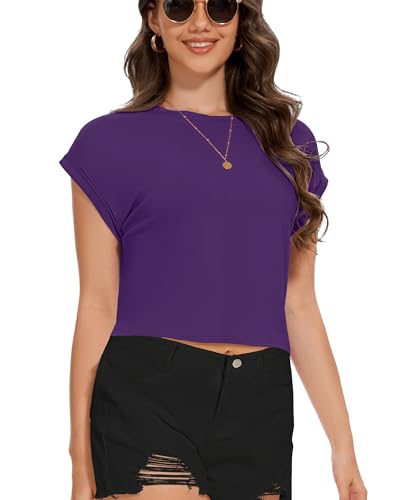 Image of Womens Crop Tops Summer Roll Cap Sleeve Cropped Tshirt Loose Fit Basic Tees