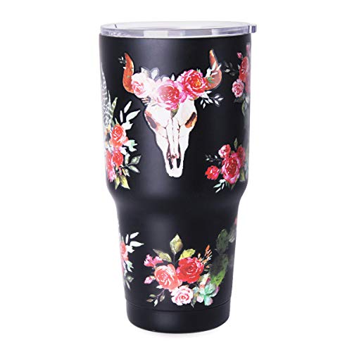 Exclusive Discount 🔥 30oz Tumbler Stainless Steel Water Cup Double Wall Vacuum Insulated Travel Mug with Lid by GFU (Bullskull Flower)